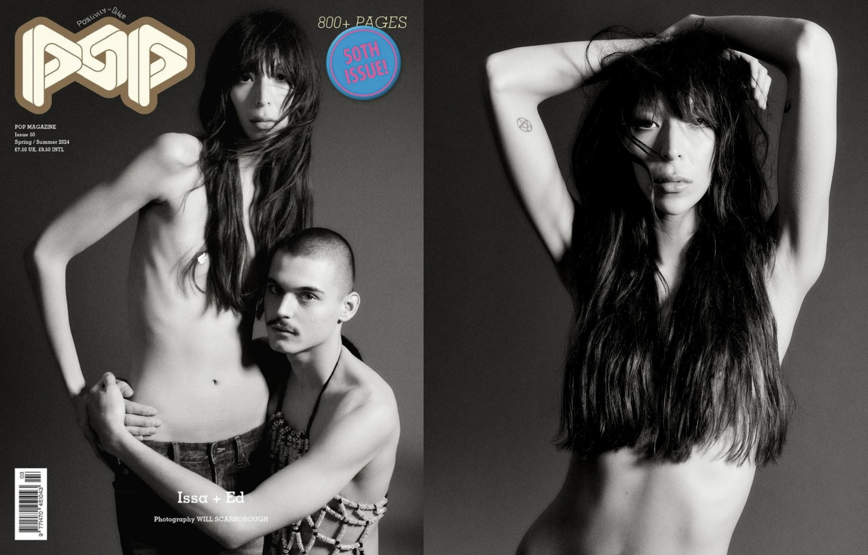 Black and white editorial magazine spread featuring two models against a grey studio backdrop with typography overlay.