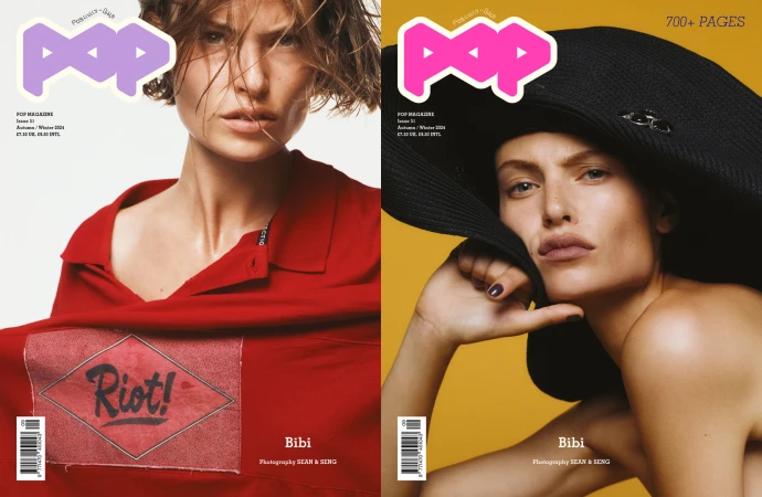 Two magazine covers feature a model; one in a red shirt with 'Riot!' text, the other in a black hat against a yellow backdrop.