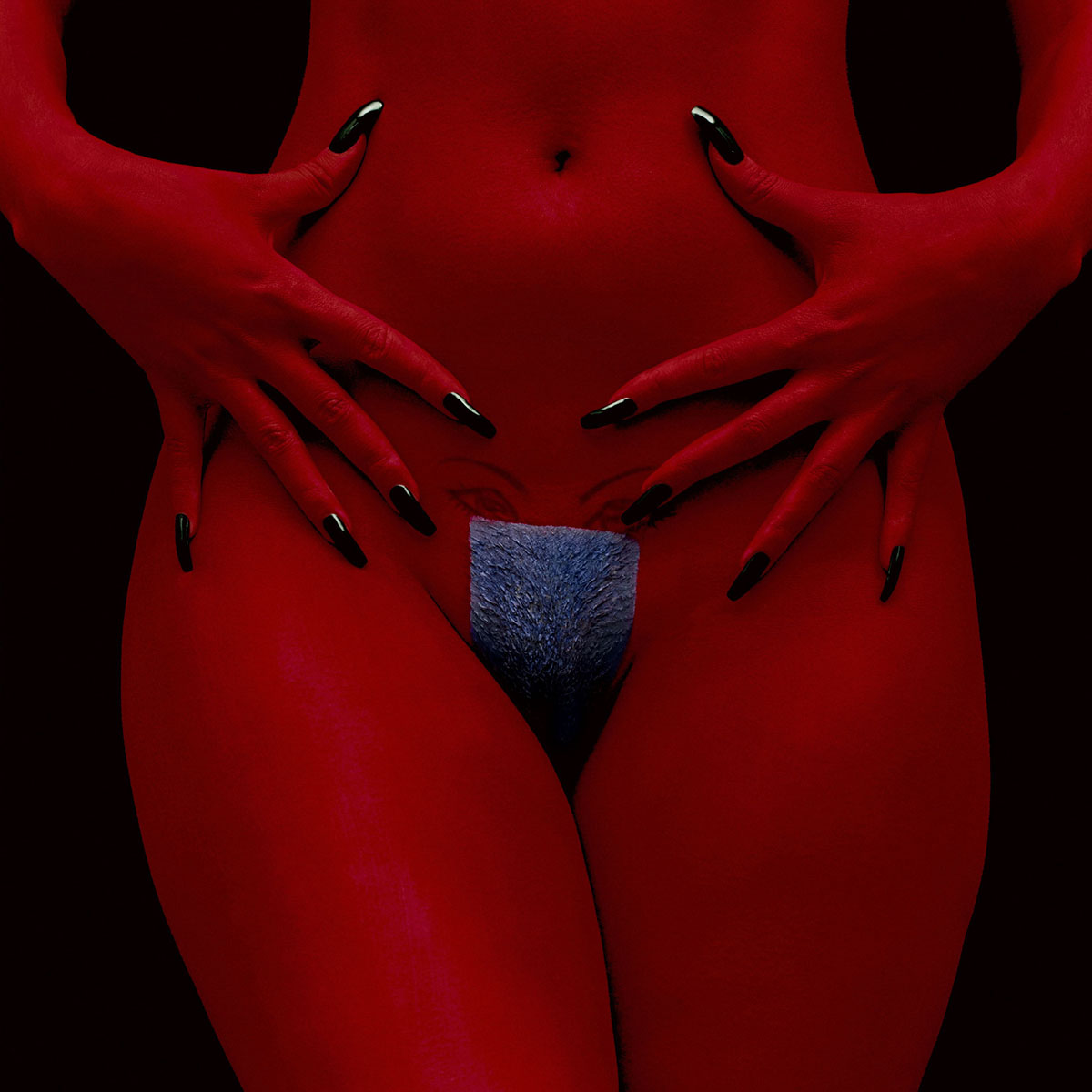Abstract nude torso of an adult female with red skin and black nails. Her hands are posed near her waist in front of a dark background.
