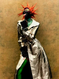 Model with spiked orange hair and painted face wearing a metallic gold coat against a mottled brown background
