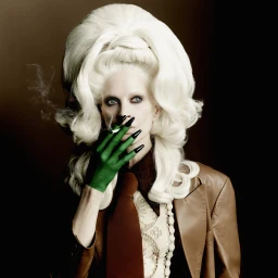 Model with voluminous platinum blonde updo hair holding a lit cigarette, wearing green gloves with long black stiletto nails.