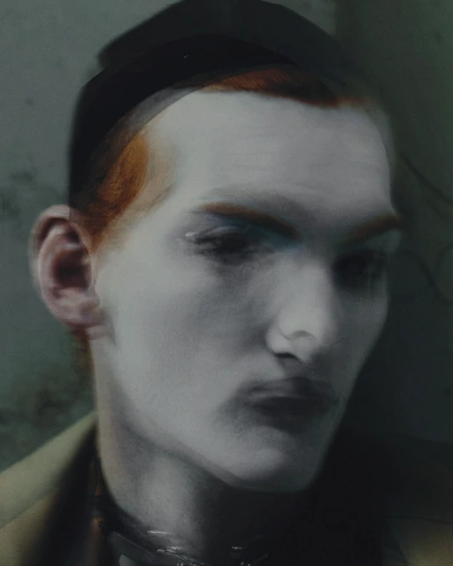Ethereal beauty shot of an adult with pale skin, red hair, wearing a black hat and choker-style necklace against a hazy, grey-green backdrop.