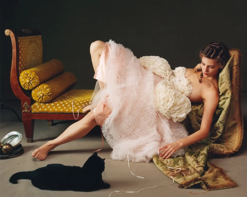 Woman in a pink tulle gown lounges on an ornate chaise lounge with a black cat on the floor. Editorial fashion photograph.