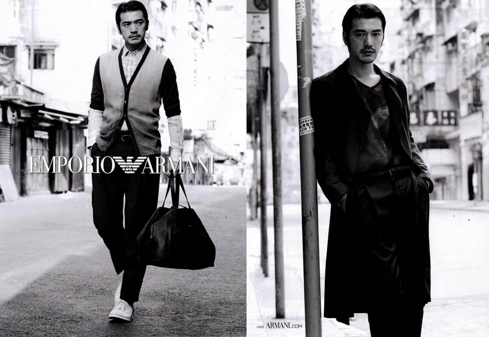 Two black and white images featuring a stylish Asian man in fashionable attire, one walking and another leaning against a post outdoors.