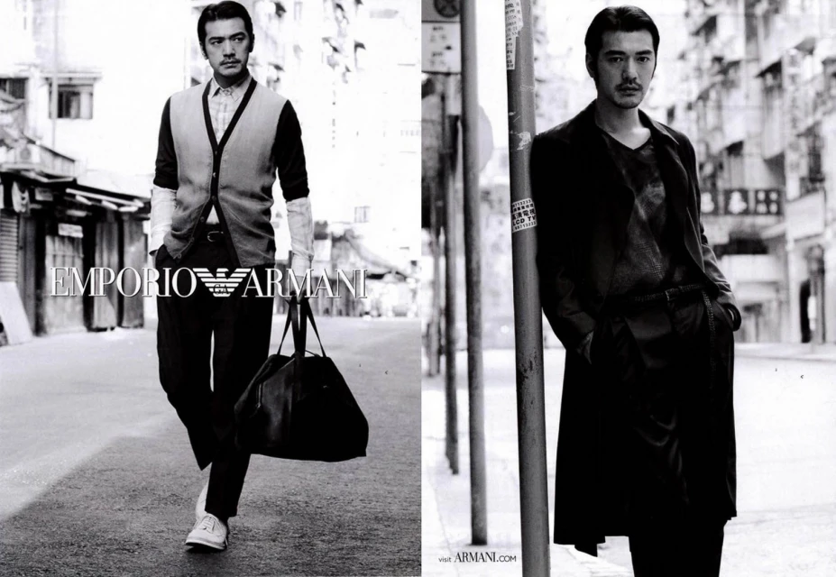 Two black and white images featuring a stylish Asian man in fashionable attire, one walking and another leaning against a post outdoors.