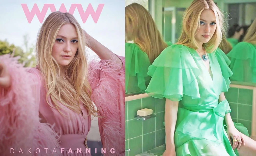 Dakota Fanning poses in a pink dress with feather trim for a magazine cover, along with a green-dress photo inside a tiled bathroom.