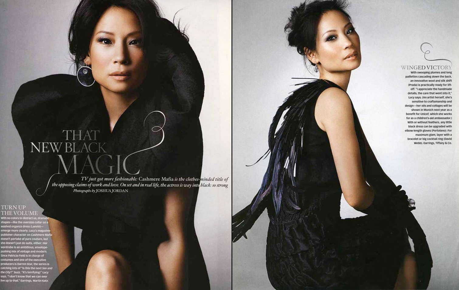 Lucy Liu poses in two-page spread. On the left she wears a black dress with large sleeves, and on the right is a black dress with feathers.