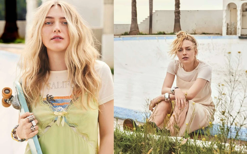 Two-panel fashion-style photo of a young blonde adult female with a skateboard on the left and posing by a pool on the right.