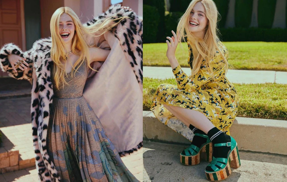 Elle Fanning poses in a gold dress and animal-print coat near a pink building. On the right, she wears a yellow dress and green sandals.