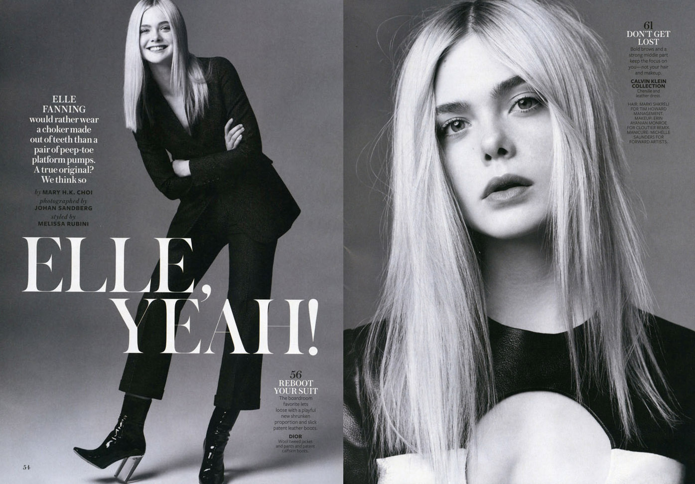 Elle Fanning poses in a black suit and shiny heeled boots on a magazine cover spread with bold text and a close-up portrait.