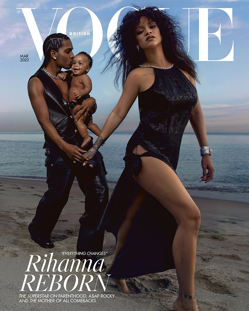 Vogue cover featuring Rihanna in a black dress, A$AP Rocky, and their child on a beach at dusk, showcasing high fashion and family.