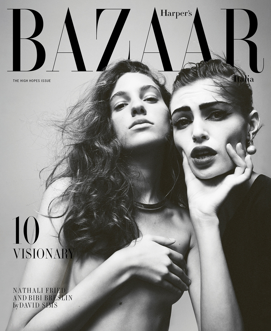 Harper's Bazaar cover featuring Nathali Fried and Bibi Breslin, black and white photography with the magazine's text visible on top.