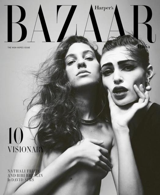 Harper's Bazaar cover featuring Nathali Fried and Bibi Breslin, black and white photography with the magazine's text visible on top.
