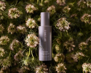 Cylindrical grey skincare bottle standing vertically surrounded by delicate wildflowers and green stems.