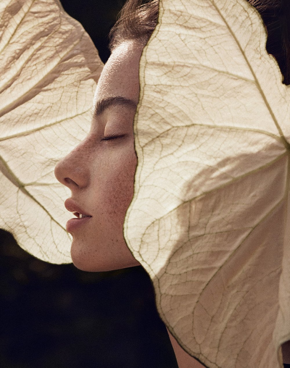 Close-up profile of a woman with closed eyes, surrounded by large, textured leaves in a soft, diffused light against a dark background.