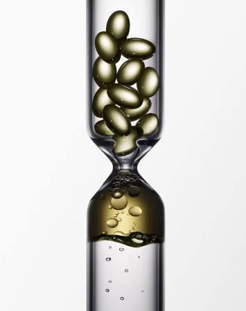 Hourglass-shaped glass container filled with golden capsules in the upper chamber, oil and bubbles in the lower chamber, against a white backdrop.