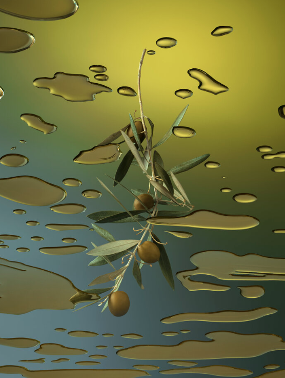 Olive branch with green olives surrounded by liquid droplets against a gradient yellow and blue background, close-up still life.
