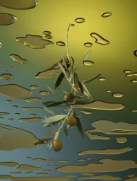 An olive branch with green olives suspended vertically against a gradient background with floating oil droplets