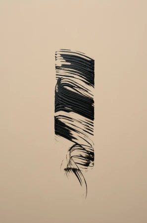 Thick black paint stroke with visible brush textures on a neutral beige background in a vertical composition.