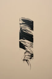 Thick black paint stroke with visible brush textures on a neutral beige background in a vertical composition.