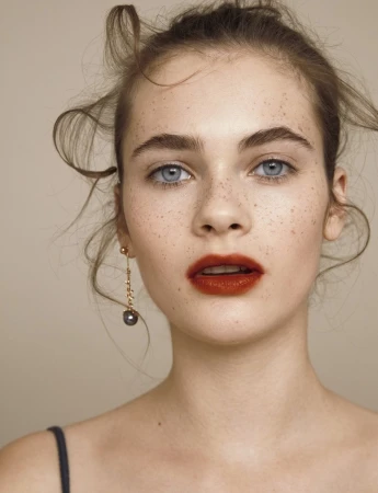 Close-up portrait of a woman with blue eyes, freckles, dark red lipstick, and dangling earrings against a neutral background.