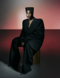 Black woman seated wearing an oversized black suit and structured hat against a gradient red and grey studio backdrop