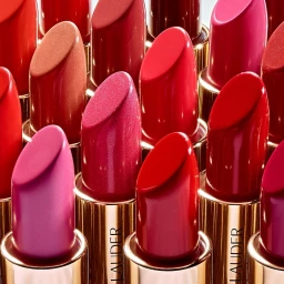 Close-up shot of multiple assorted lipstick tubes in shades of red, pink, and nude arranged tightly together