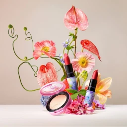 Cosmetics product photography by Rich Begany featuring lipstick tubes and a compact surrounded by fresh flowers on a white seamless background
