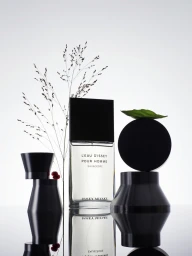 Issey Miyake L'Eau d'Issey Pour Homme bottle arranged with black sculptural vessels, delicate branches, and red berries on a reflective surface
