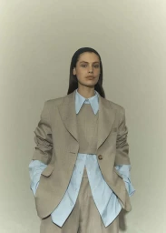 Model wearing a beige oversized blazer over a light blue collared shirt and matching trousers against a plain light grey backdrop.