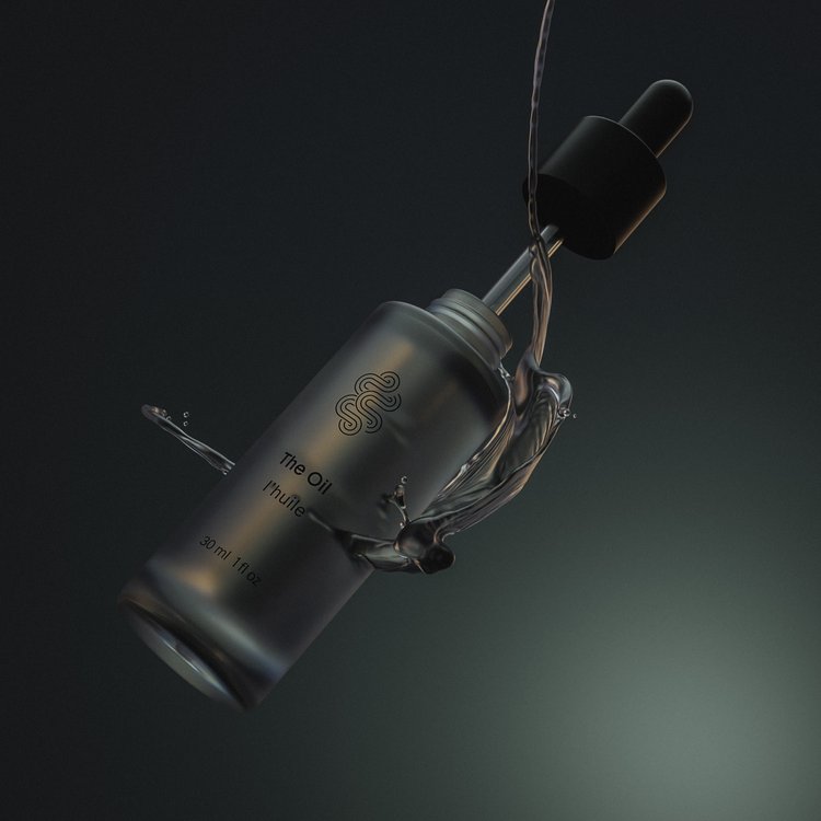 Silver cosmetic oil bottle with black dropper surrounded by water splashes against a dark gradient background. Beauty product shot.