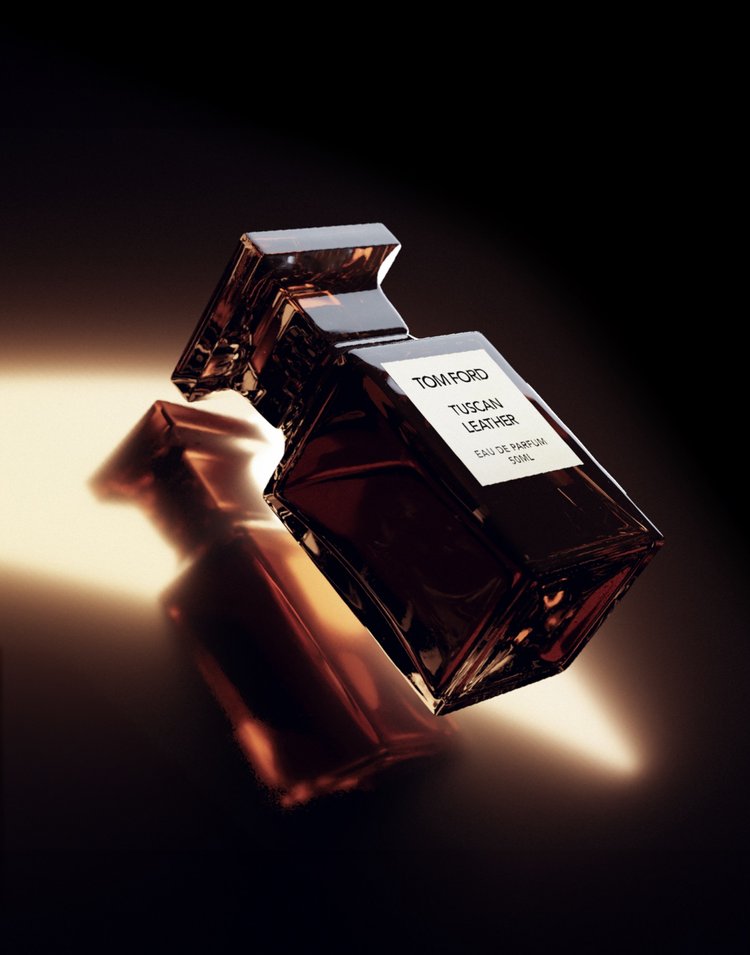 Product shot of Tom Ford Tuscan Leather perfume bottle with shadow, studio lighting, and dark gradient background. Elegant beauty and fragrance.