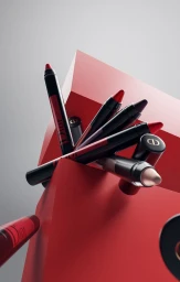 Several sleek black and red cosmetic pencils resting on angular red geometric blocks against a grey studio background
