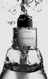 Byredo Blanche perfume bottle submerged in splashing water against a bright white background, created in CGI by Daniel Palsson.