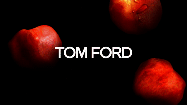 Dark beauty advertisement featuring three nectarines in a minimalist layout, highlighting Tom Ford brand against a black backdrop.