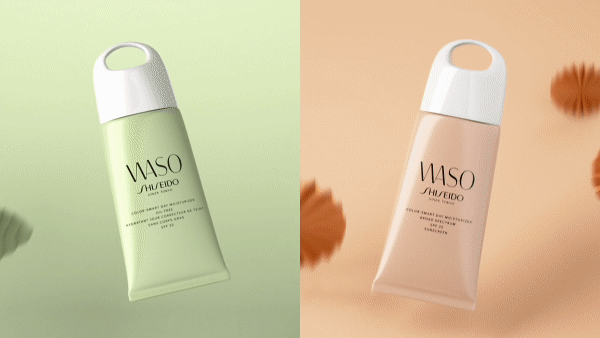 Two tubes of WASO Shiseido color smart day moisturizer in light green and light peach colors against a split-tone background.