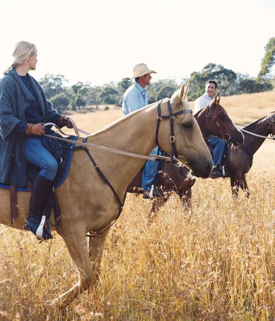 Three people horseback riding across a grassy field on a sunny day, featuring a blond woman, and two men, with grassy fields and hills.