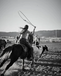 Woman riding a horse swinging a lasso in an outdoor arena with other riders and cattle in the background.