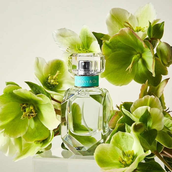 Crystal perfume bottle with a turquoise collar nestled among lush green hellebores flowers on a clear surface.
