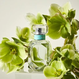 Crystal perfume bottle with a turquoise collar nestled among lush green hellebores flowers on a clear surface.