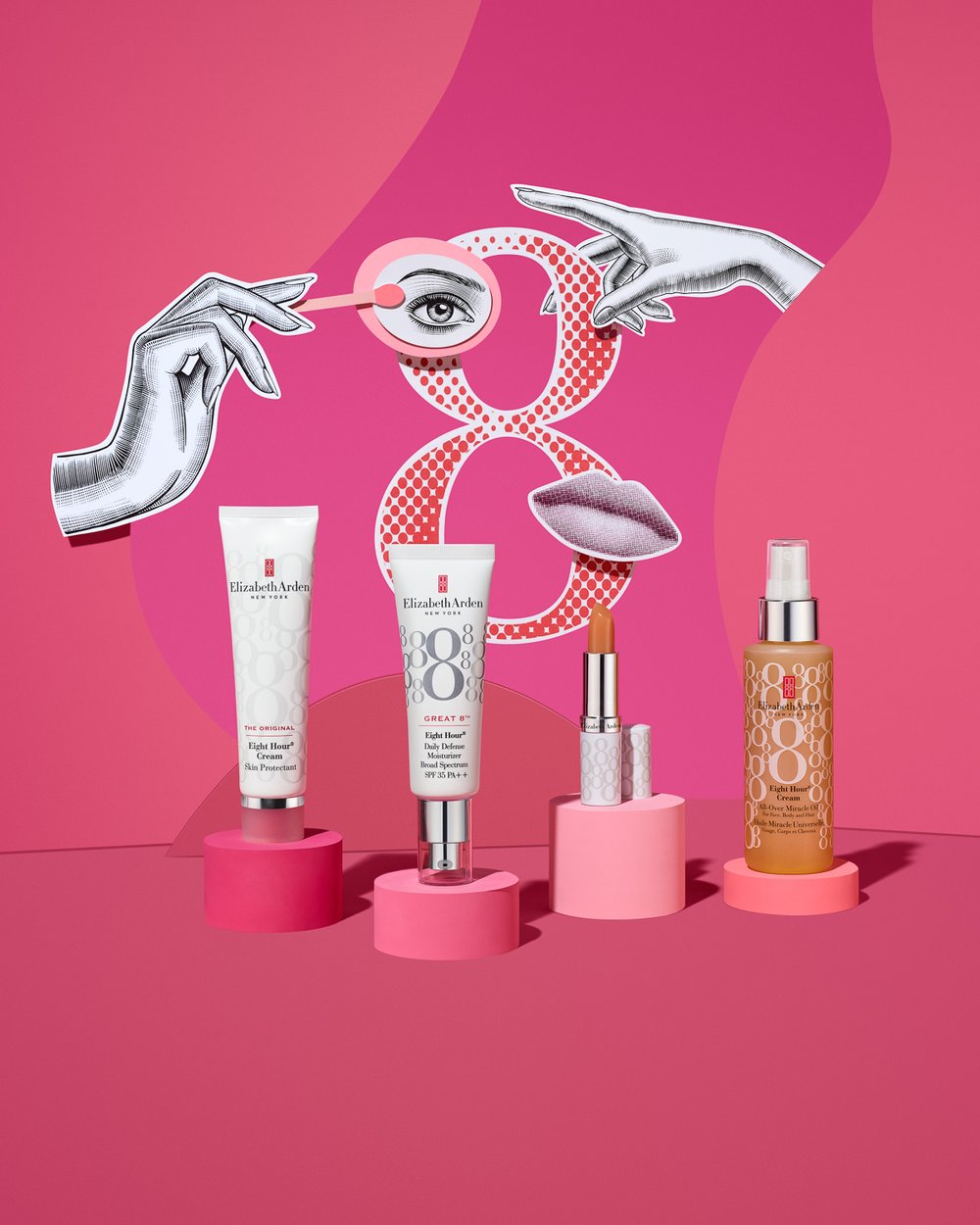 Elizabeth Arden skincare and makeup product display with a stylized hand, eye, mouth, and number eight on a pink background.