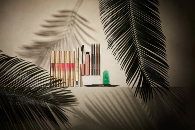 Cosmetic products arranged on a textured ledge with prominent palm leaf shadows cast across a neutral wall background.