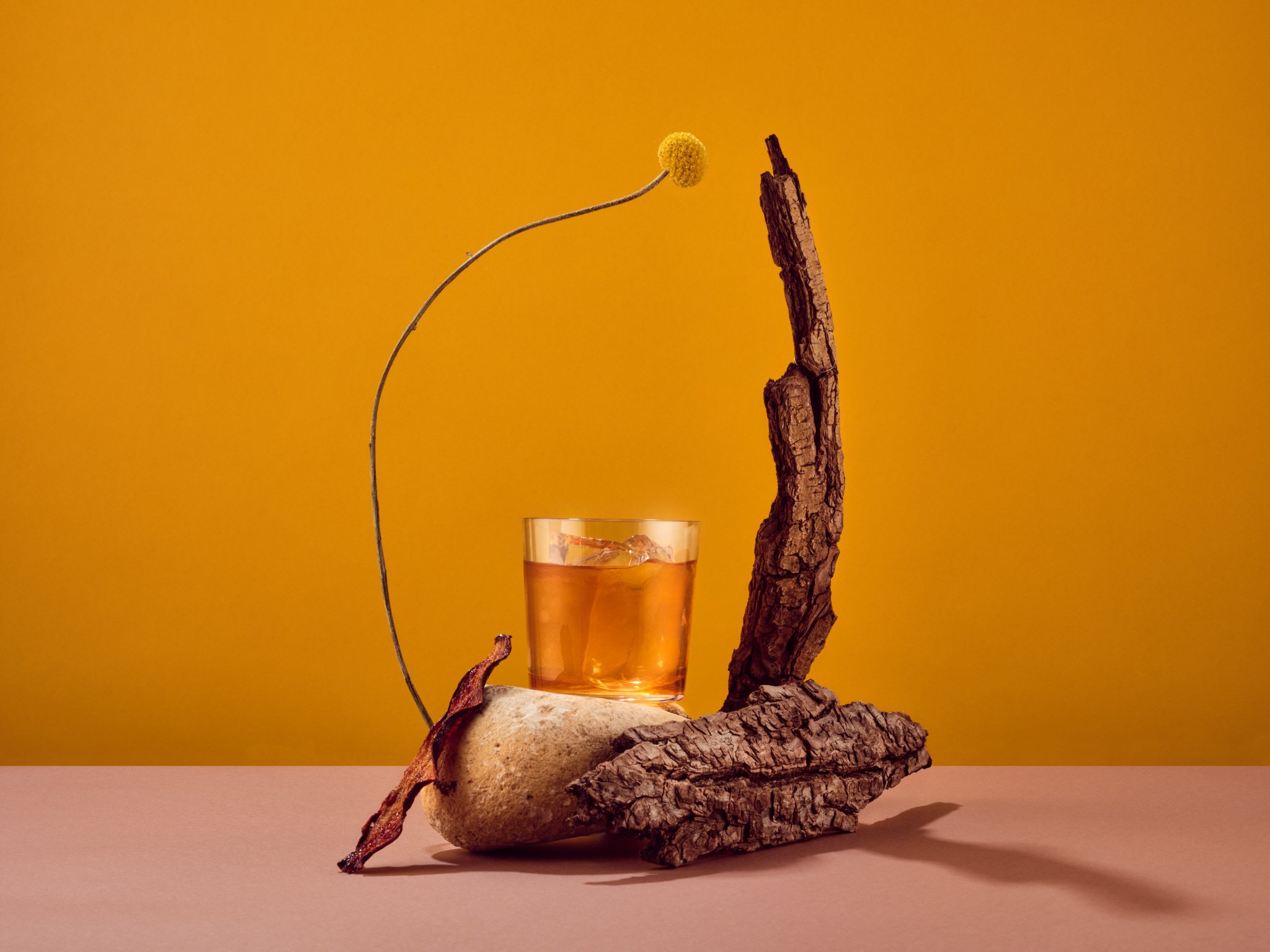 A still life image showcasing a glass of amber liquid on a rock, paired with wood and a yellow flower against a warm, golden background.