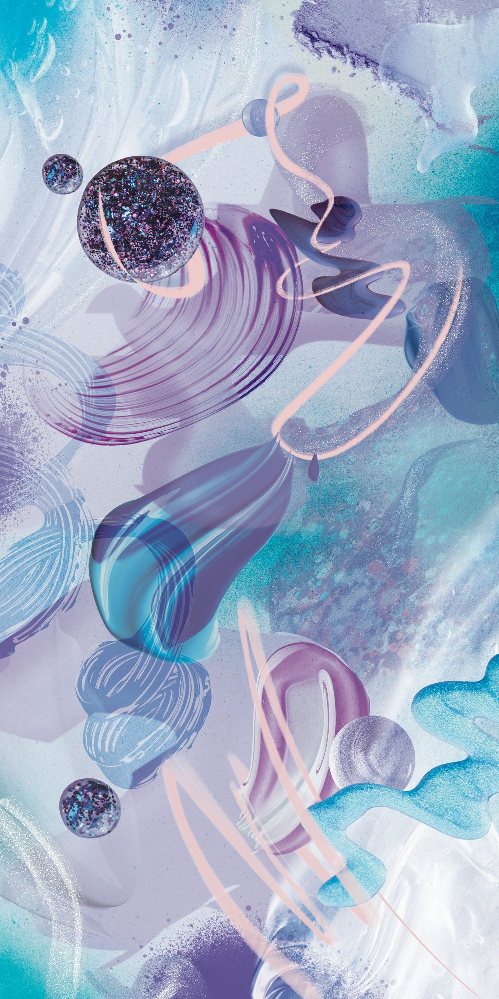 Abstract digital art with swirling blues, purples, and whites, featuring spheres and fluid forms, creating a visually dynamic composition.