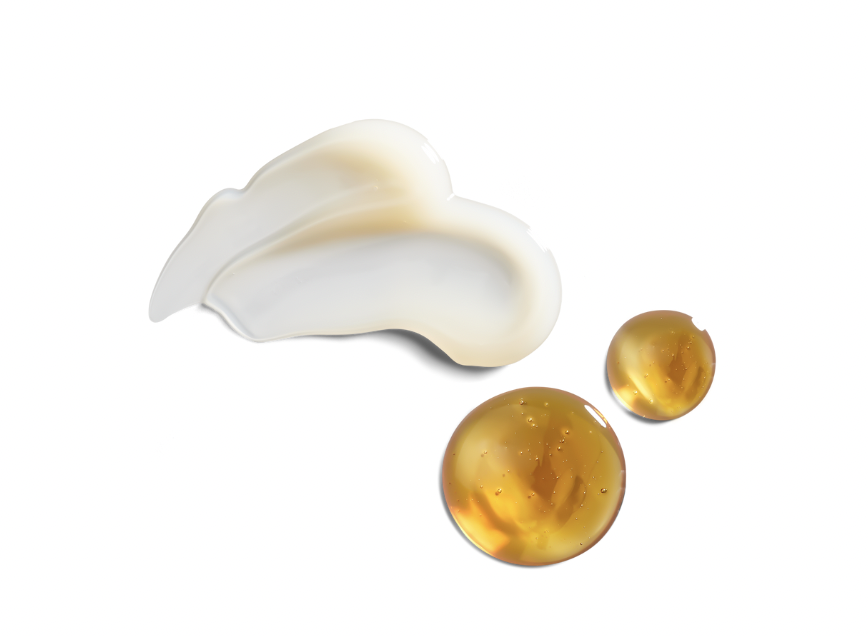 Close-up of a swirl of white cream next to two golden gel drops against a bright white backdrop, promoting beauty and skincare products.
