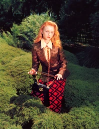 Red-haired model wearing a patterned blazer and skirt holding a black handbag amidst lush green garden bushes.