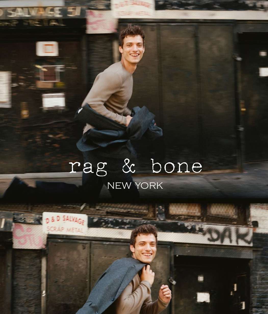 Young man smiling while running past dark metal storefronts in a split-frame fashion image.