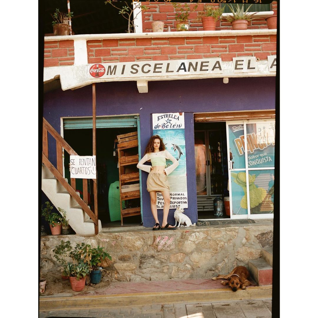 A woman in a skirt and top stands in front of a purple building with a white dog, as a brown dog lays on the sidewalk.