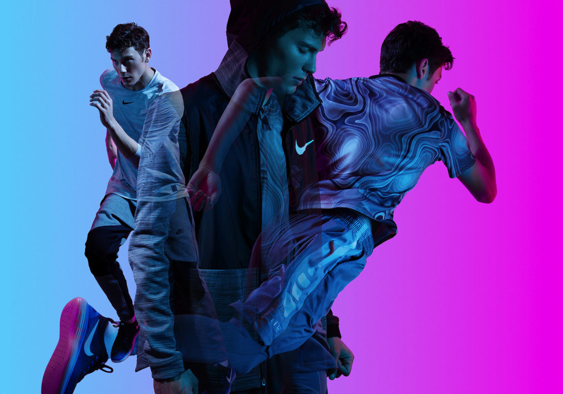 Multiple exposures show a male model in athletic apparel on a gradient blue and pink background, showcasing fitness and sportswear fashion.