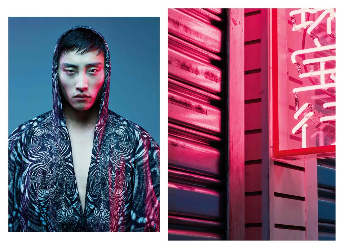 Asian male model in patterned hoodie in a split-image with a pink neon sign and a metal shutter door. Fashion editorial photography.